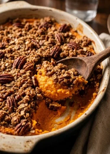 Delicious homemade sweet potato casserole topped with marshmallows