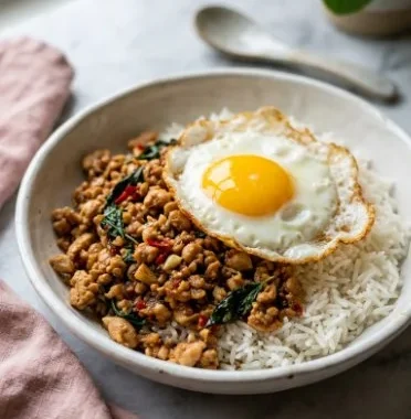 Delicious Thai Basil Chicken with fresh basil and vegetables