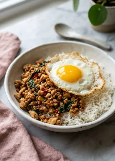 Delicious Thai Basil Chicken with fresh basil and vegetables