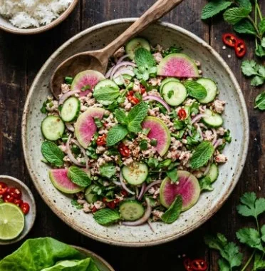 Thai Larb Salad featuring minced meat, herbs, and spices in a fresh presentation