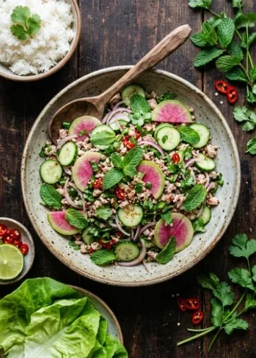 Thai Larb Salad featuring minced meat, herbs, and spices in a fresh presentation