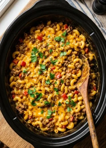 Delicious slow cooker hamburger helper meal in a bowl