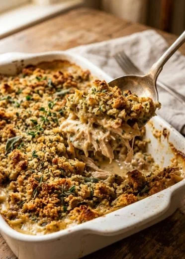 Delicious turkey stuffing prepared for a Thanksgiving dinner.
