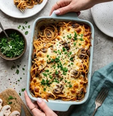 Creamy Turkey Tetrazzini casserole topped with breadcrumbs and cheese