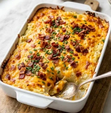 Delicious Twice Baked Potato Casserole topped with cheese and chives