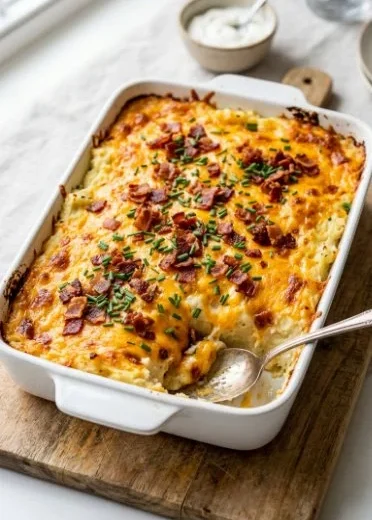 Delicious Twice Baked Potato Casserole topped with cheese and chives