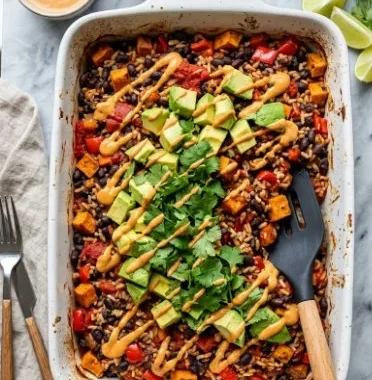 Vegan chipotle black bean casserole in a baking dish