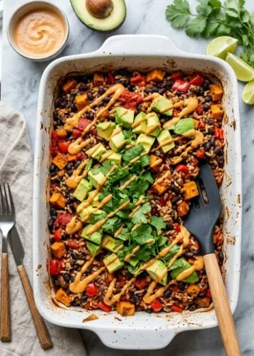 Vegan chipotle black bean casserole in a baking dish