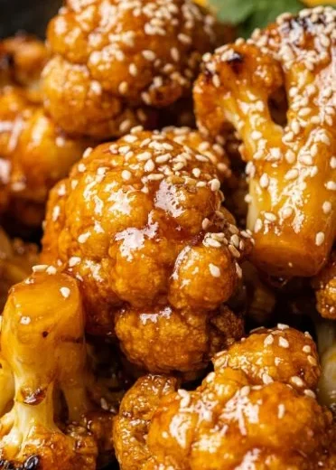Bowl of vegan glazed orange cauliflower chicken with vibrant colors and garnishes