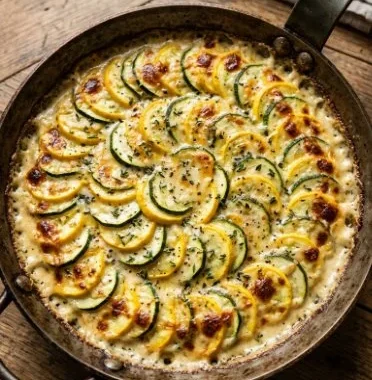 Delicious Zucchini Gratin with layers of cheese and fresh zucchini