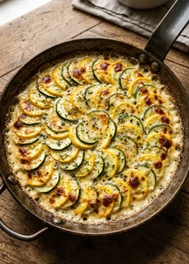 Delicious Zucchini Gratin with layers of cheese and fresh zucchini