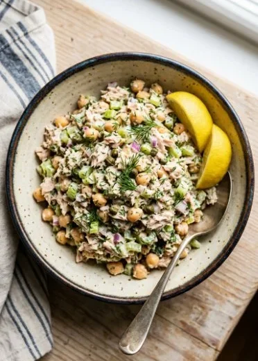 A bowl of 10 Minute Chickpea Tuna Salad, garnished with fresh herbs.