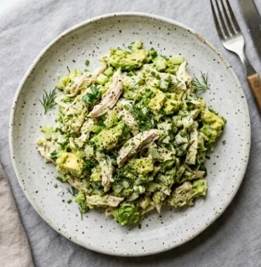 A vibrant avocado chicken salad with fresh ingredients and a creamy dressing.