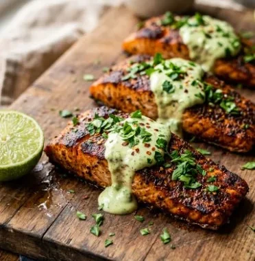 Baked Cajun Salmon with creamy avocado lime sauce on a plate