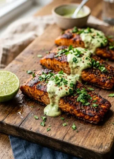 Baked Cajun Salmon with creamy avocado lime sauce on a plate