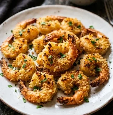 Baked Garlic Parmesan Shrimp on a plate garnished with herbs