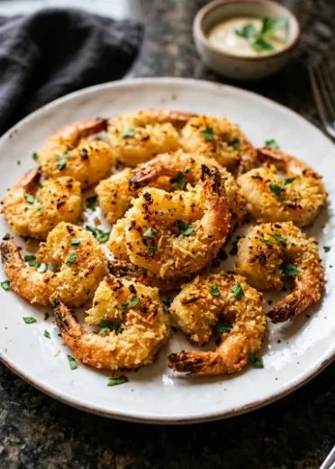Baked Garlic Parmesan Shrimp on a plate garnished with herbs