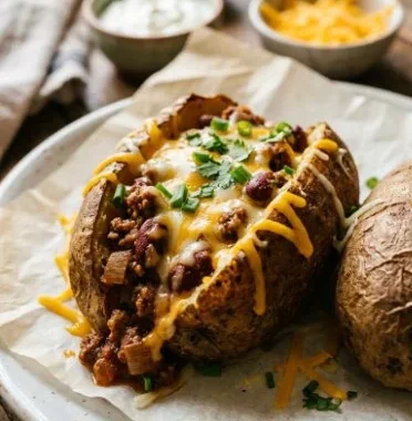 Baked potato bar with various toppings and condiments