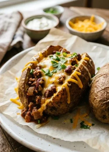 Baked potato bar with various toppings and condiments
