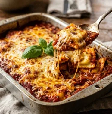 Delicious baked ravioli served with marinara sauce and melted cheese