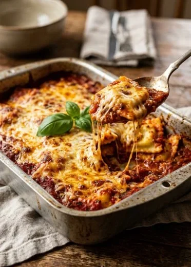 Delicious baked ravioli served with marinara sauce and melted cheese