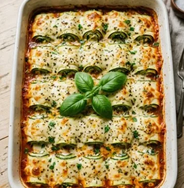 Plate of baked zucchini roll ups with melted cheese and herbs