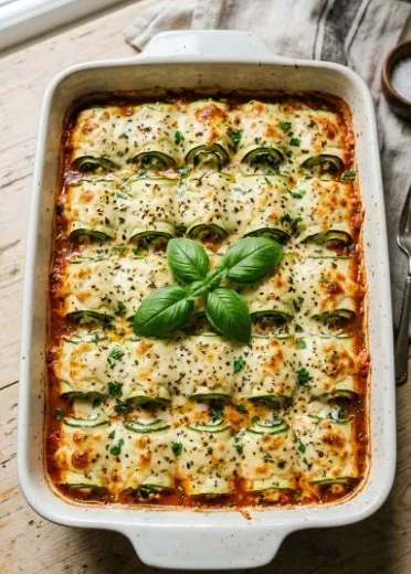 Plate of baked zucchini roll ups with melted cheese and herbs