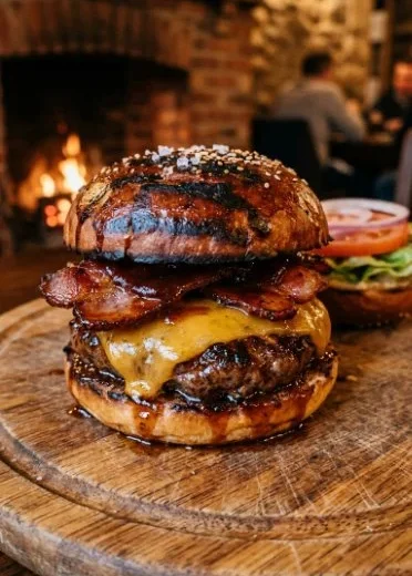 Delicious BBQ Bacon Cheese Burgers on a grill with toppings