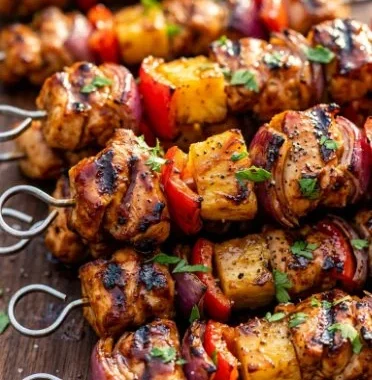 BBQ Pineapple Chicken Kabobs with vibrant colors on a grill