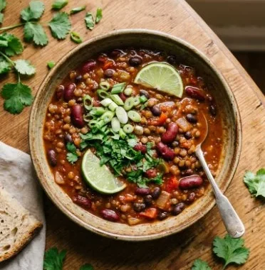 Bowl of Bean and Lentil Quinoa Chili topped with fresh herbs