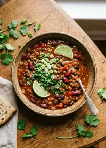 Bowl of Bean and Lentil Quinoa Chili topped with fresh herbs