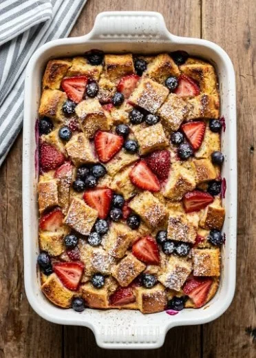 Delicious Berry French Toast Casserole with fresh berries and syrup