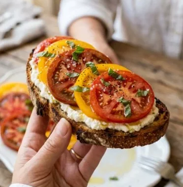 Delicious Burrata Toast topped with roasted tomatoes, fresh basil, and olive oil.