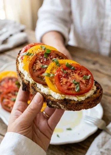 Delicious Burrata Toast topped with roasted tomatoes, fresh basil, and olive oil.