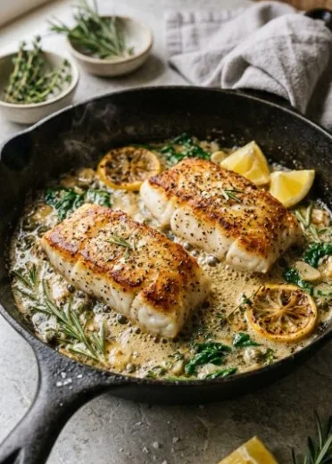 Quick buttered cod skillet recipe for a keto-friendly dinner in 16 minutes.