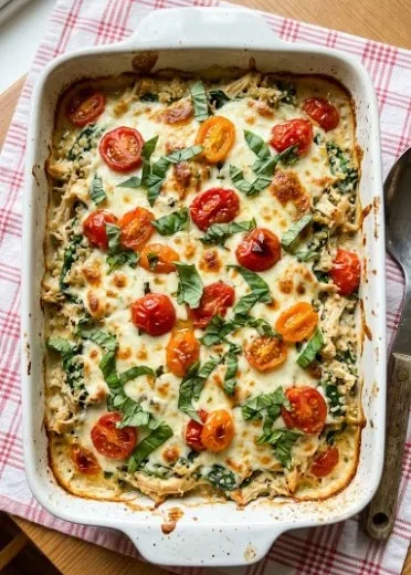 Delicious Caprese Chicken and Quinoa Casserole topped with fresh basil and mozzarella