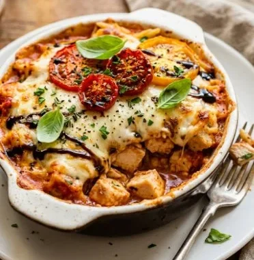 Caprese Chicken Casserole 1 Delicious Caprese Chicken Casserole with fresh basil, tomatoes, and mozzarella.