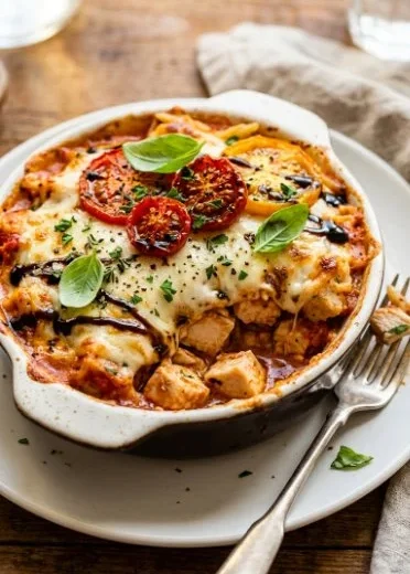 Delicious Caprese Chicken Casserole with fresh basil, tomatoes, and mozzarella.