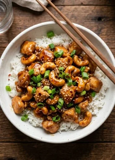 Plate of cashew chicken garnished with vegetables and served over rice