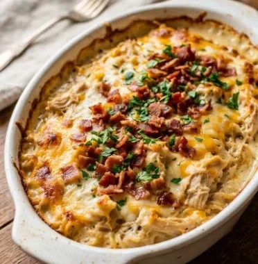 Cheesy bacon chicken casserole topped with crispy bacon and melted cheese