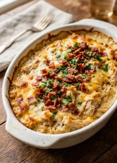 Cheesy bacon chicken casserole topped with crispy bacon and melted cheese
