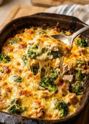 Cheesy Chicken Broccoli Casserole dish served warm and ready to enjoy.