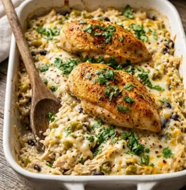 Cheesy Green Chili Chicken and Rice Casserole 2 Cheesy Green Chili Chicken and Rice Casserole topped with green chilies.