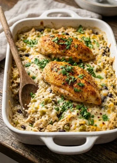 Cheesy Green Chili Chicken and Rice Casserole topped with green chilies.