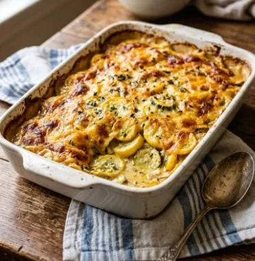 Cheesy Squash Casserole 2 Delicious cheesy squash casserole with golden crust and fresh squash
