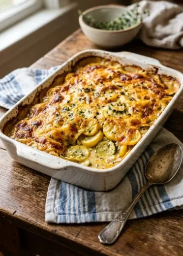 Delicious cheesy squash casserole with golden crust and fresh squash