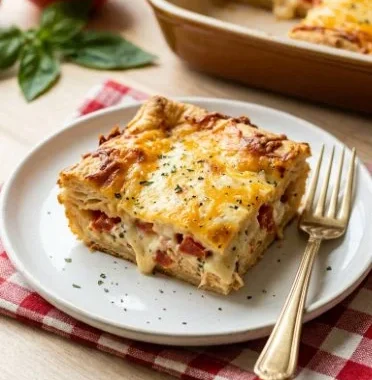 Cheesy Tomato Biscuit Casserole baked and served in a dish