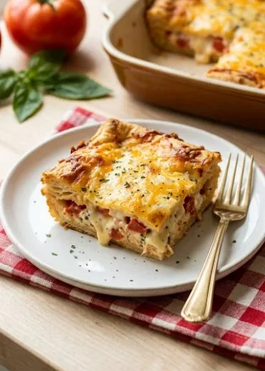 Cheesy Tomato Biscuit Casserole baked and served in a dish