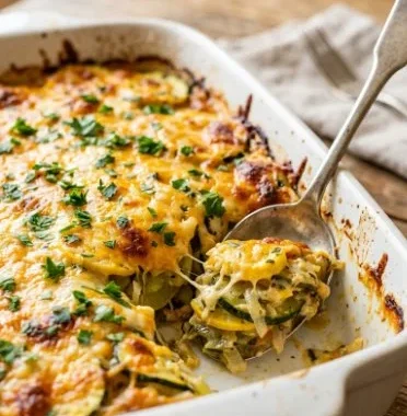 Cheesy zucchini and squash casserole served in a baking dish