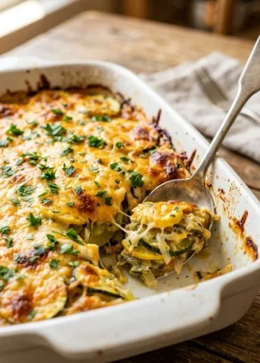 Cheesy zucchini and squash casserole served in a baking dish